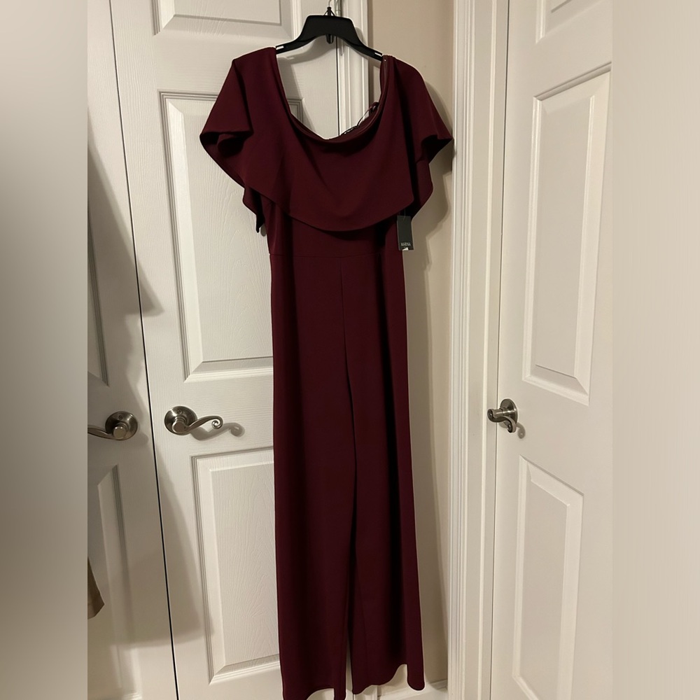Burgundy off shoulder ruffled jump suit
